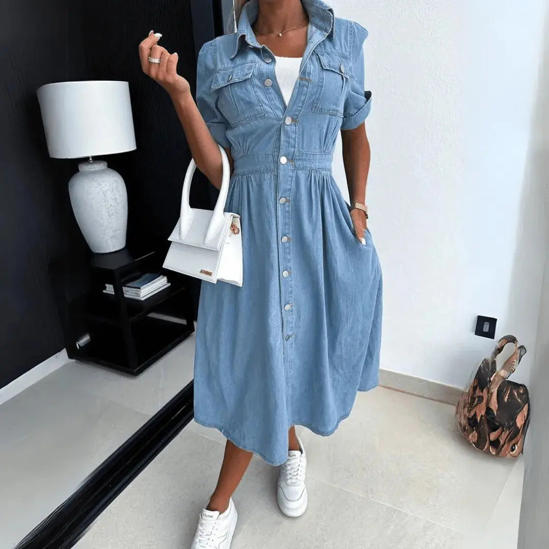 Harper soft blue wash denim midi dress with cinched waist and button-down front, casual chic style