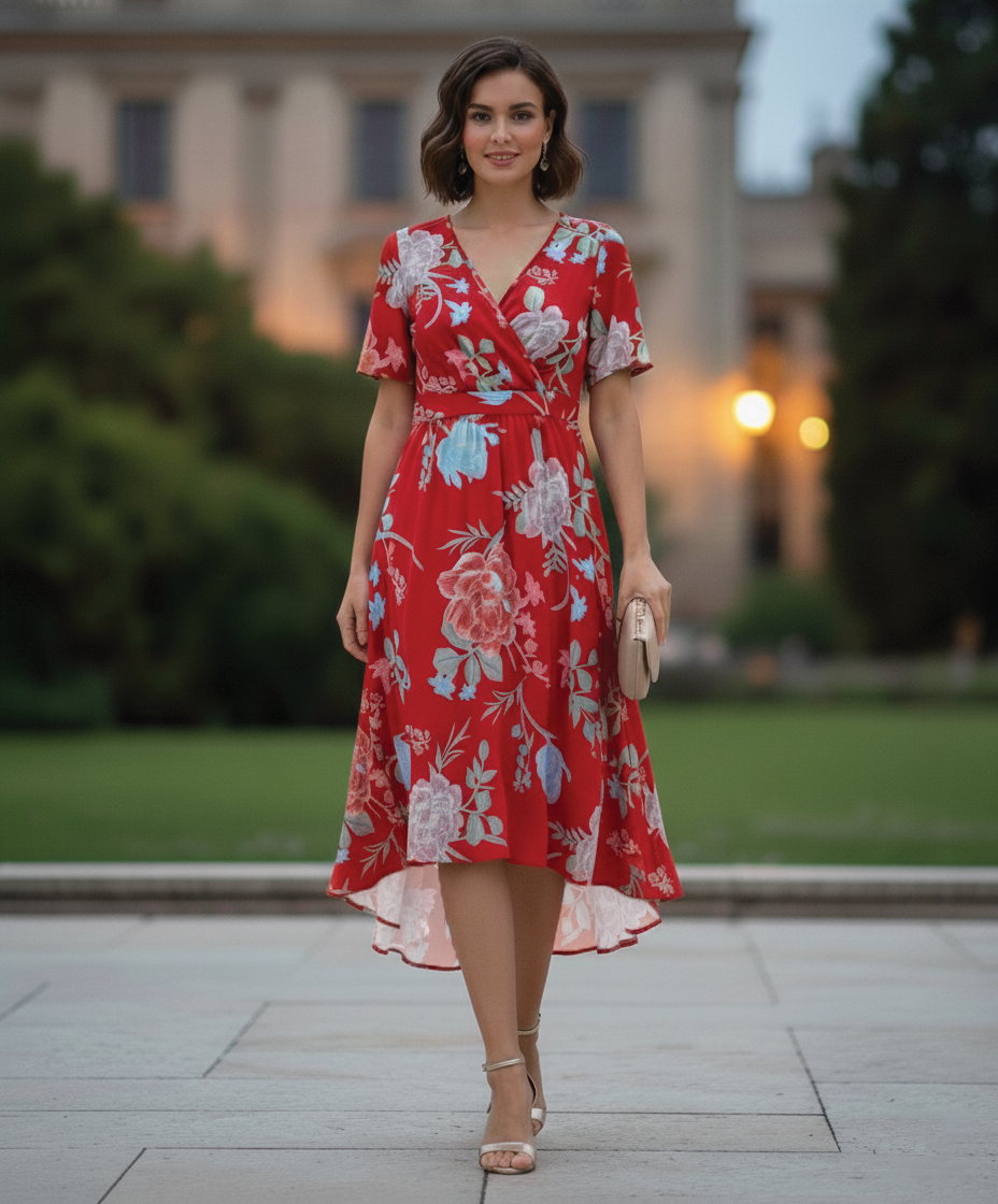 Women's floral wrap midi dress with flutter sleeves, V-neckline, and high-waist silhouette