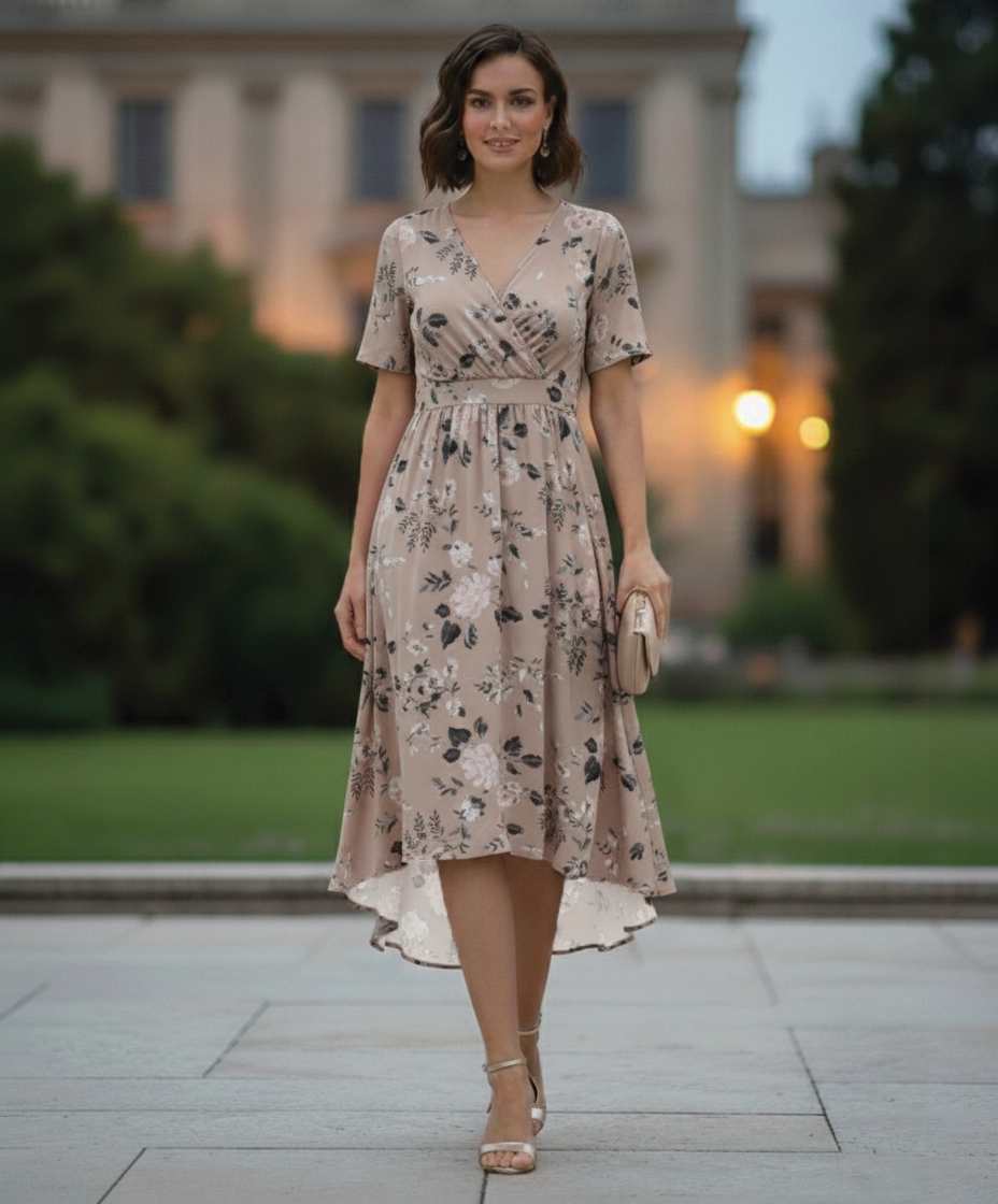 Women's floral wrap midi dress with flutter sleeves, V-neckline, and high-waist flattering silhouette