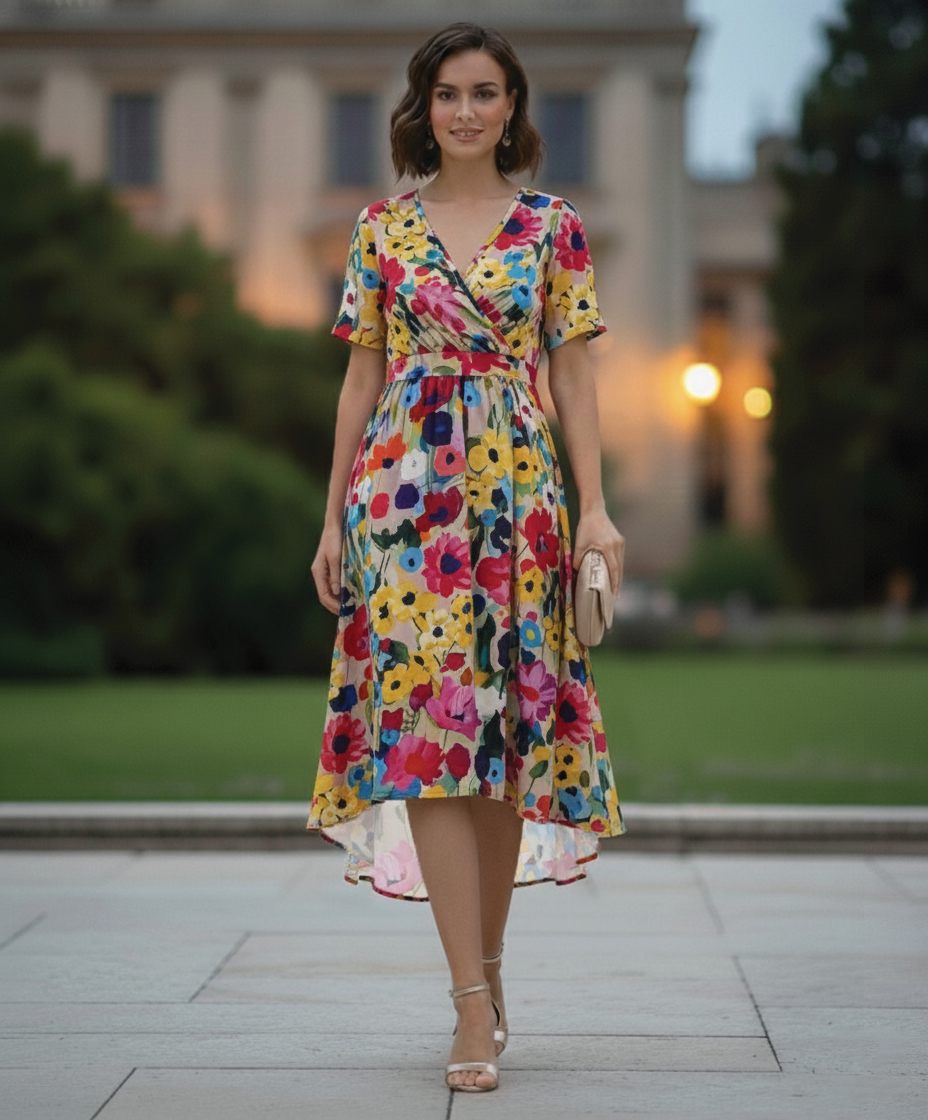 Floral wrap midi dress with flutter sleeves, V-neckline, and flattering high-waist silhouette
