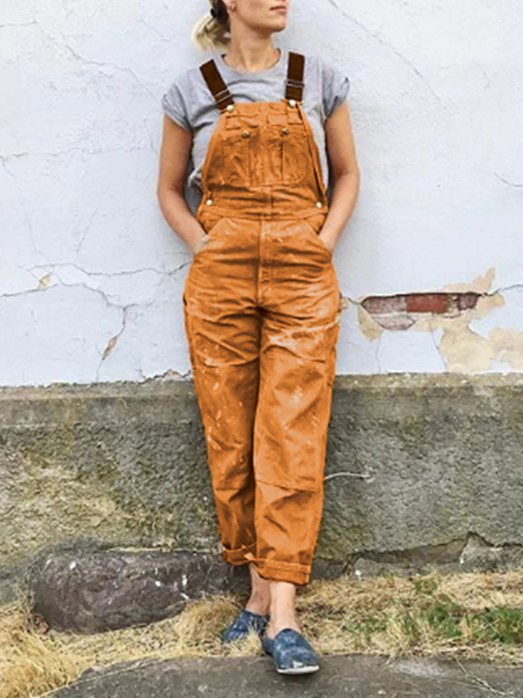 Carol utility bib overalls in cotton, relaxed fit workwear with rugged detailing for women