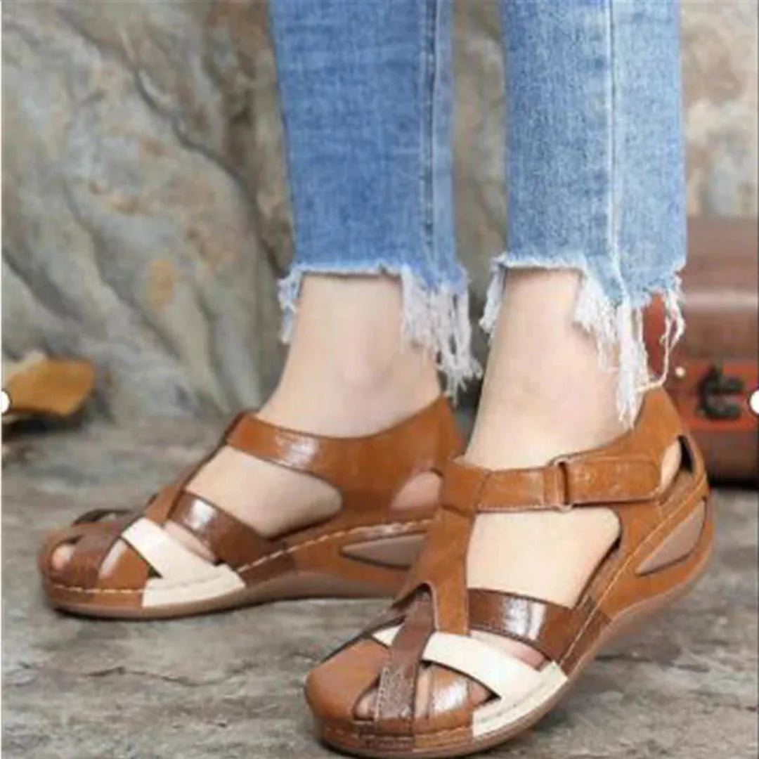 Women's closed-toe leather sandals with breathable cut-out design, velcro strap, casual summer style