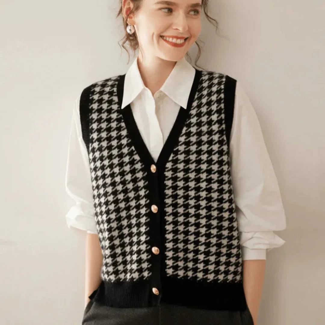 Harriet women's houndstooth vest lightweight button-down layering piece with classic tailored fit