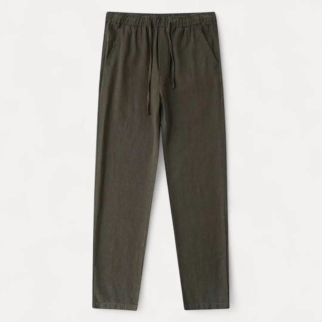 Men's beige linen tapered pants with adjustable drawstring waistband for casual everyday wear