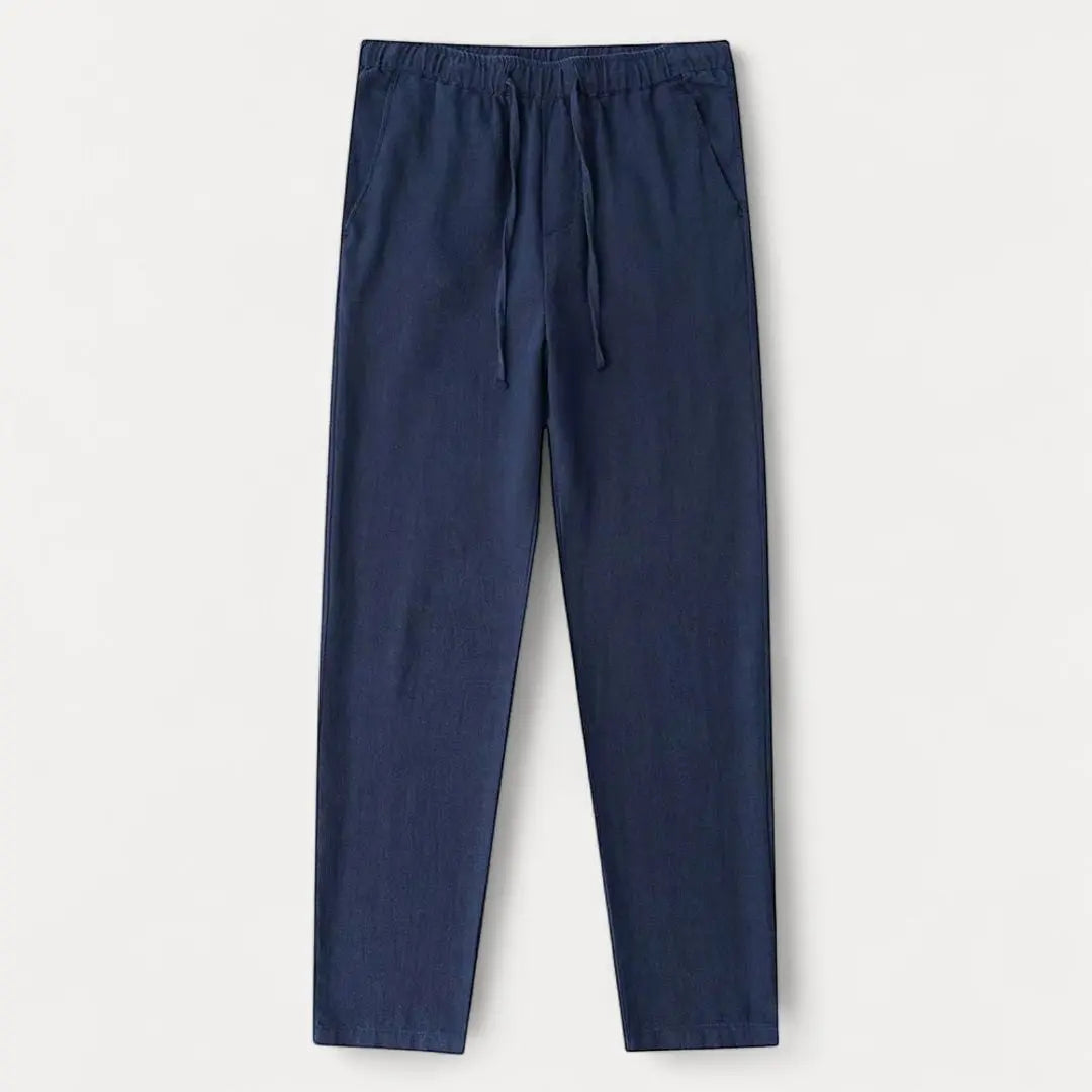 Men's beige linen tapered pants with adjustable drawstring waistband for casual everyday wear