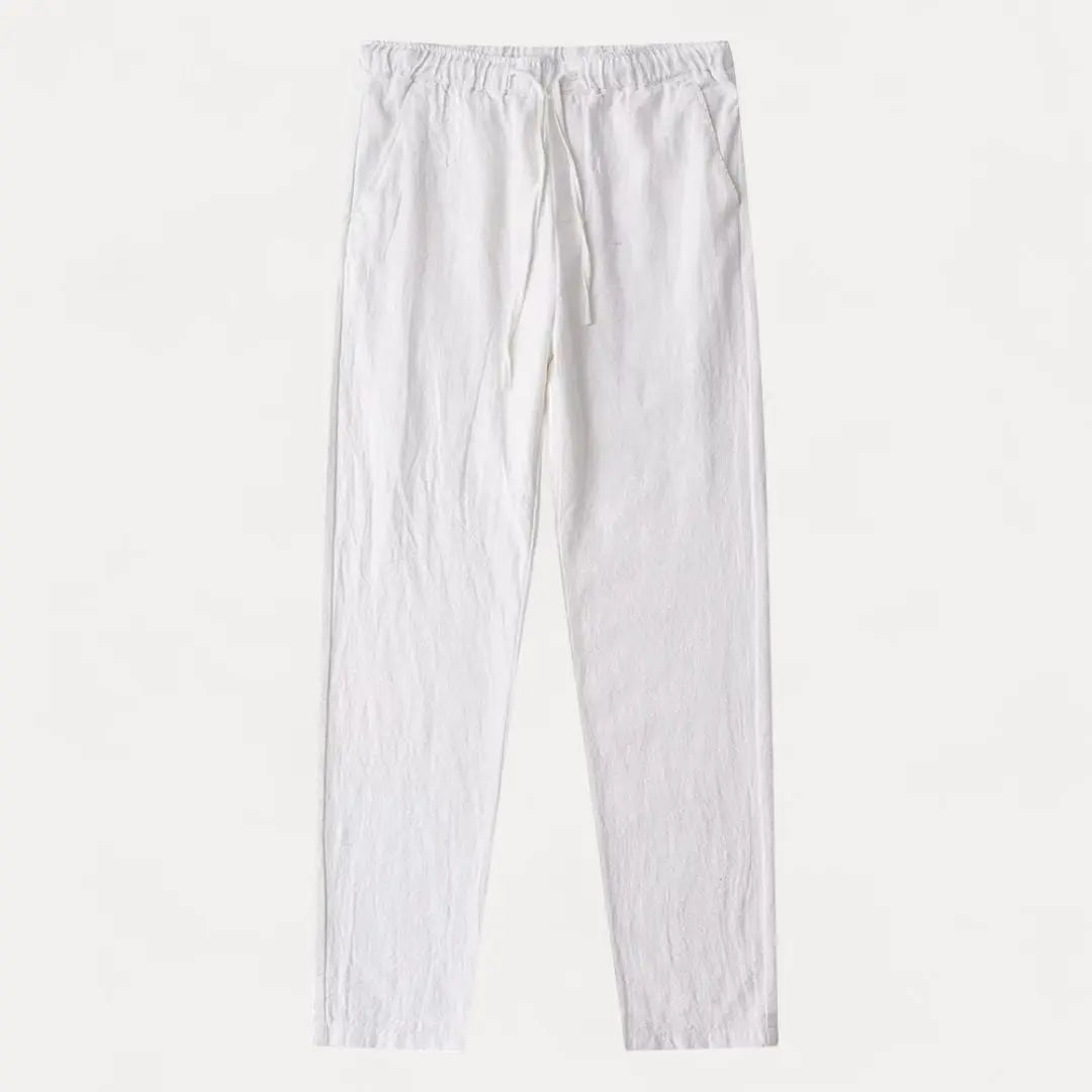 Men's beige linen tapered pants with adjustable drawstring waistband for casual everyday wear