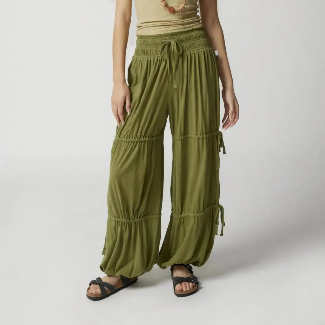Boho tiered wide-leg lounge pants with drawstring high waist, flowy gathered panels for women