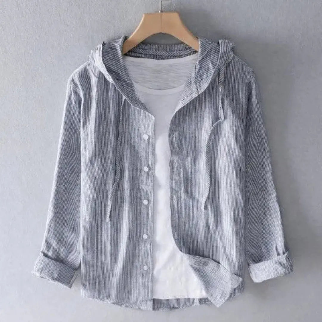 Men's striped hooded button-up shirt relaxed fit lightweight breathable casual everyday essential