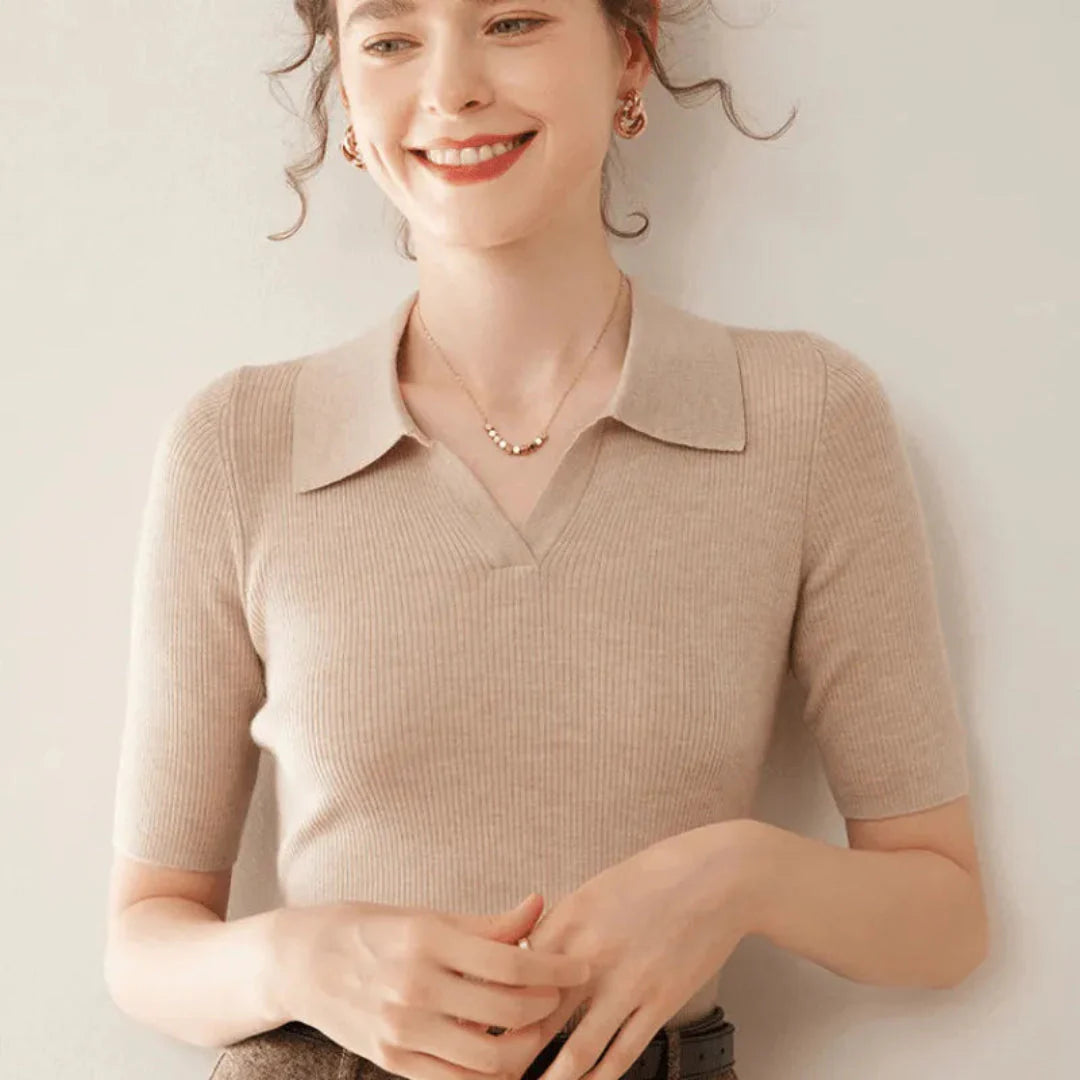 Women's slim fit 100% cashmere polo knit sweater classic collar lightweight elegant wardrobe essential