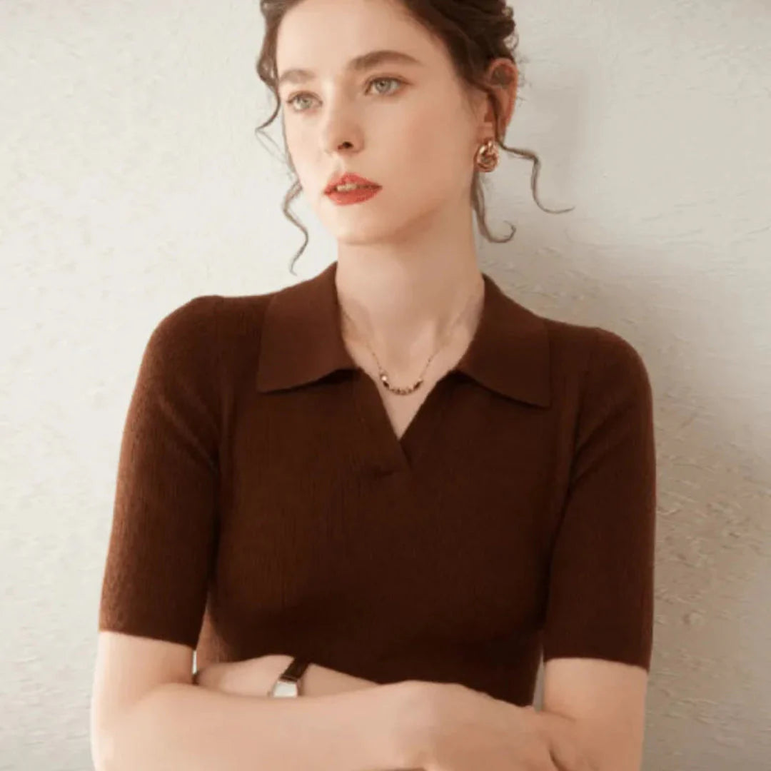 Women's slim fit 100% cashmere polo knit sweater with classic collar in timeless elegant style