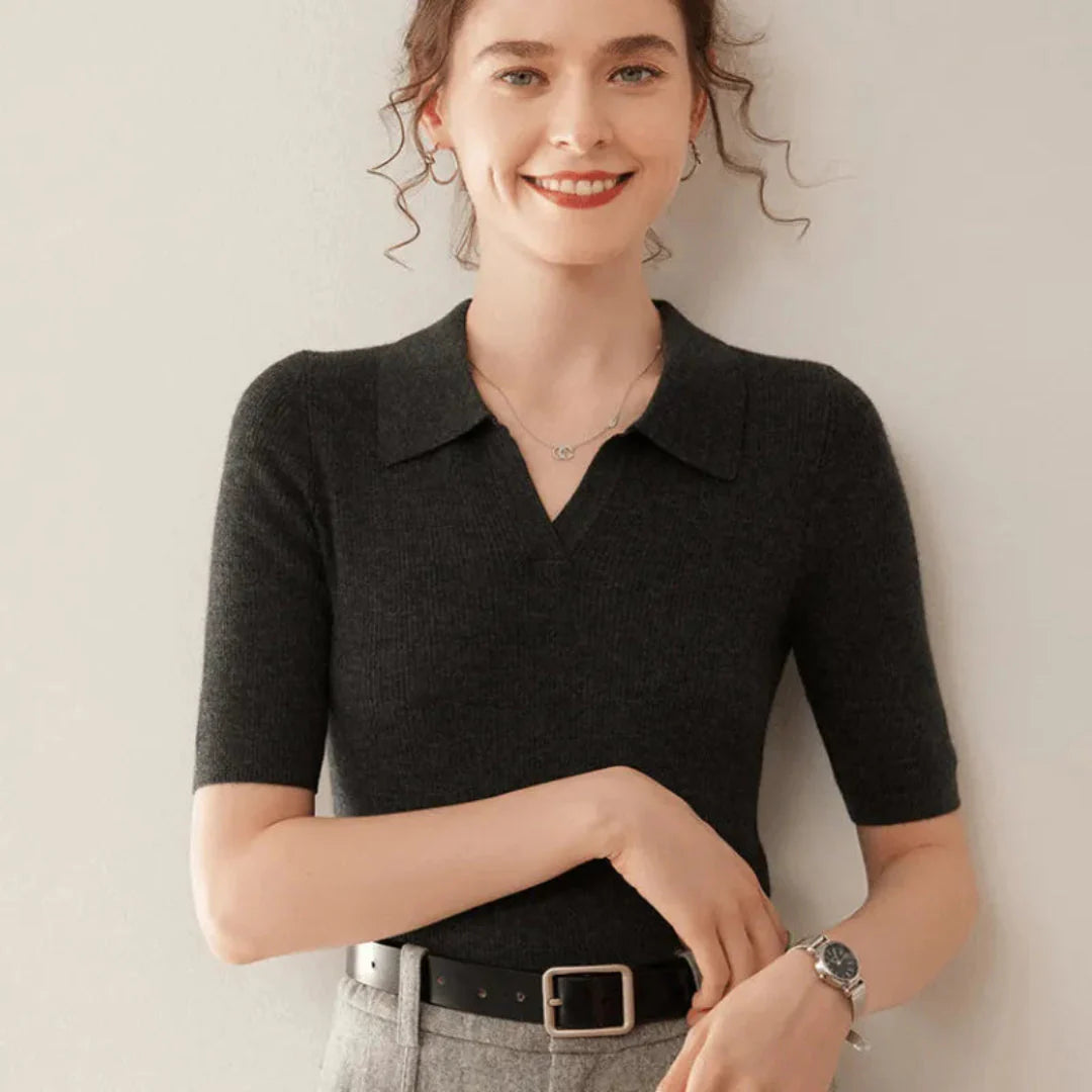 Women's slim fit 100% cashmere polo knit sweater with classic collar in timeless style