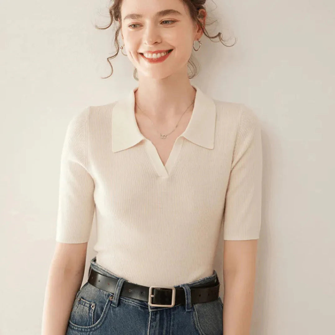 Women's slim fit 100% cashmere polo knit sweater classic collar lightweight timeless style