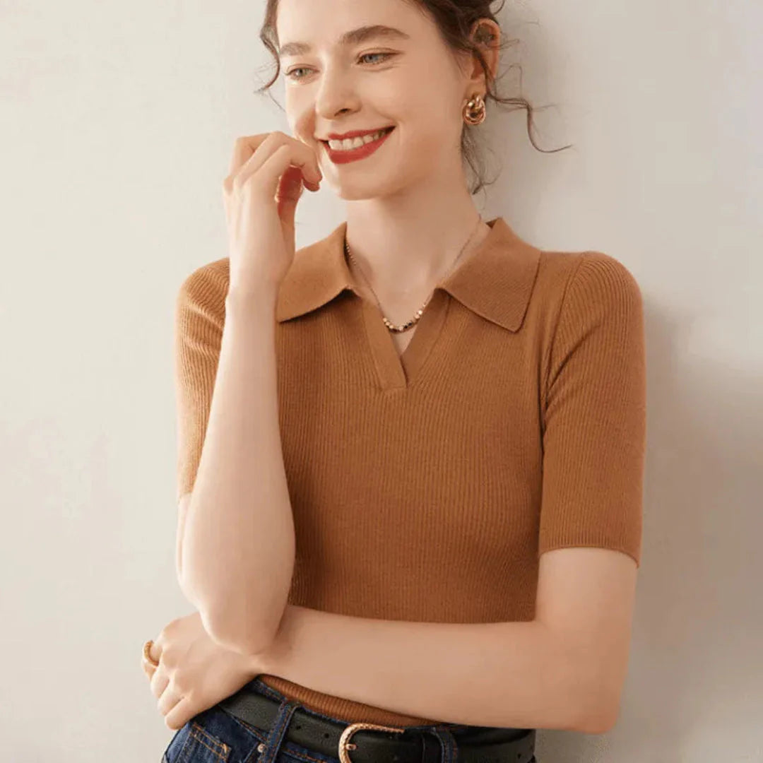 Women's slim fit 100% cashmere polo knit sweater classic collar timeless elegant style