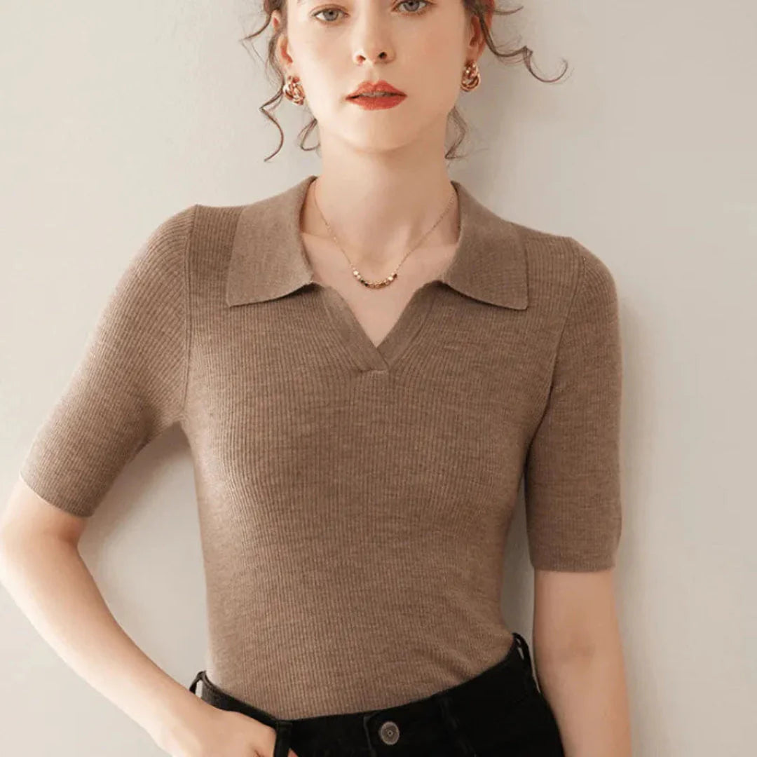 Women's slim fit 100% cashmere polo knit sweater with classic collar in timeless elegant style