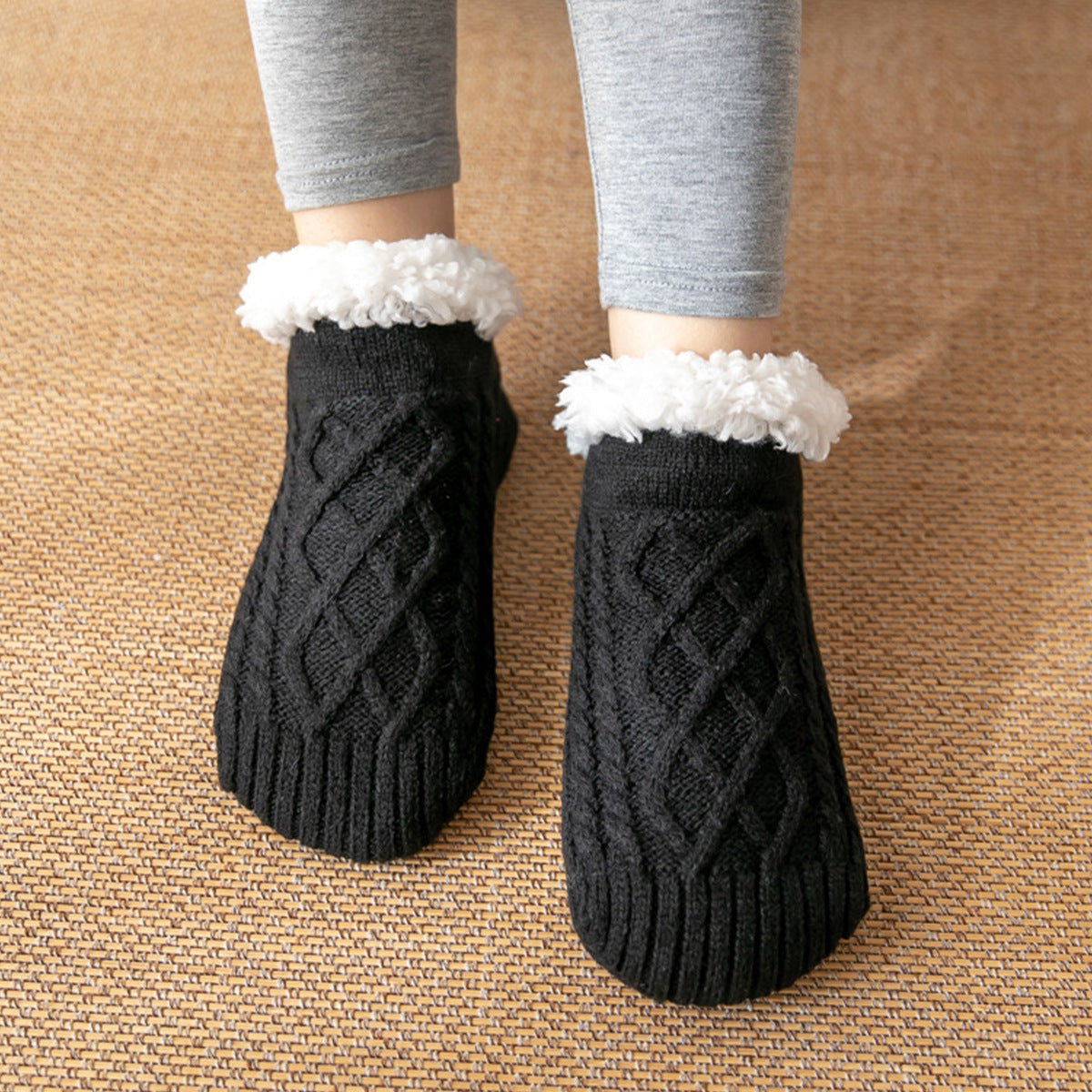 Women's ankle slipper socks fleece-lined cable knit fuzzy cuff cozy winter lounge warmth