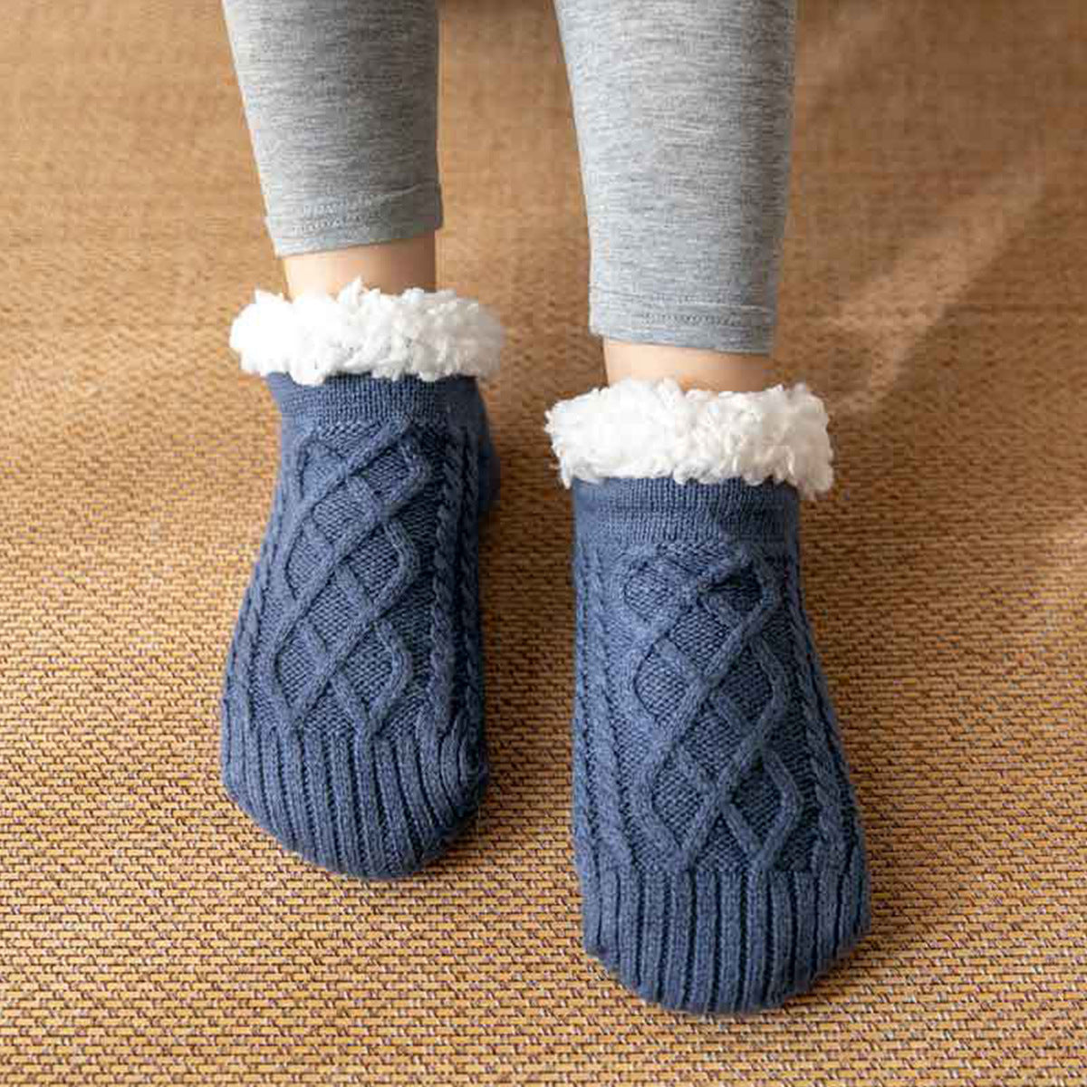 Women's ankle slipper socks fleece-lined cable knit with fuzzy cuff for cozy indoor warmth