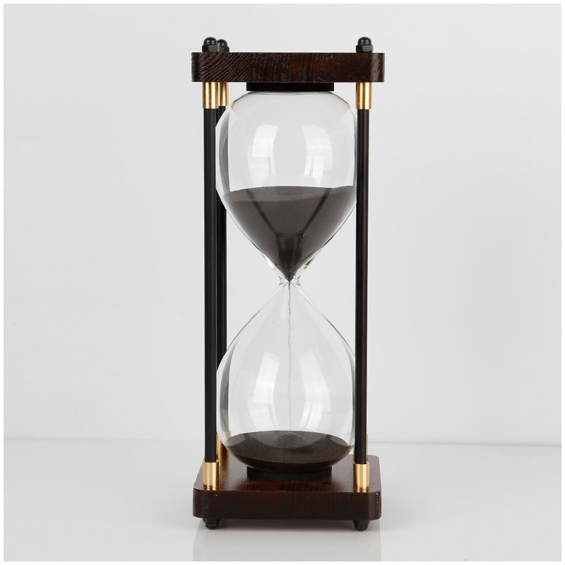 Minimalist glass and wood hourglass timer 60-minute copper accent desk accessory for focused work