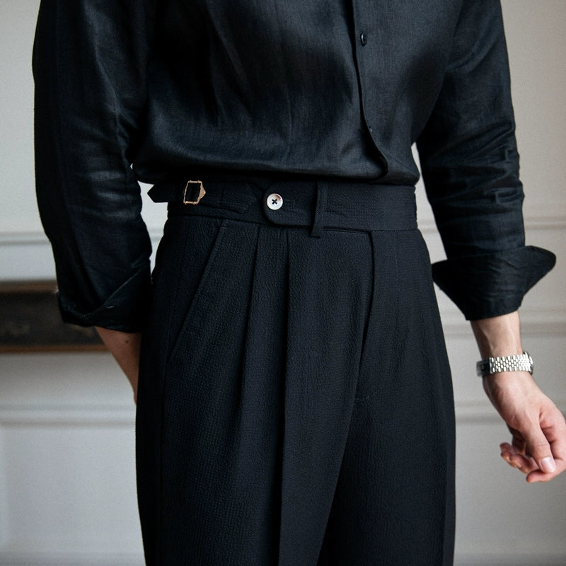 Men's tailored pleated trousers structured fit sharp pleats office-ready polished silhouette all-day comfort