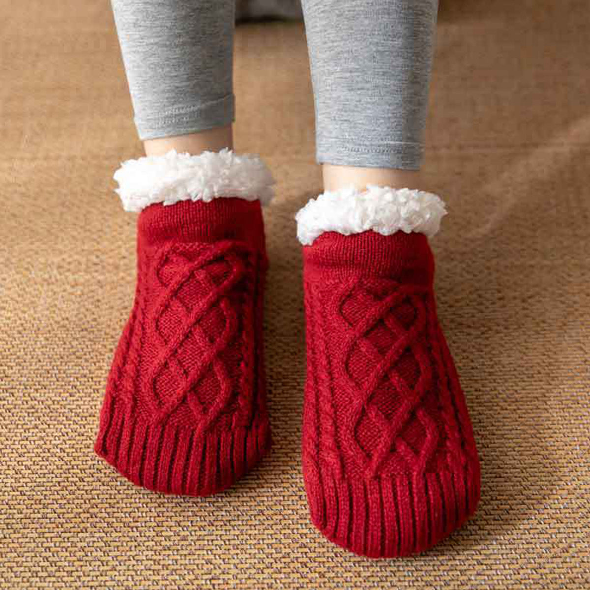 Women's fleece-lined ankle slipper socks with cable knit texture and fuzzy cuff for cozy indoor warmth