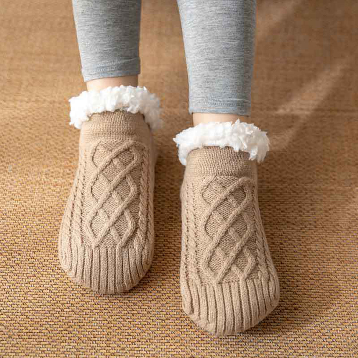 Women's ankle slipper socks fleece-lined cable knit fuzzy cuff cozy home warmth winter lounging
