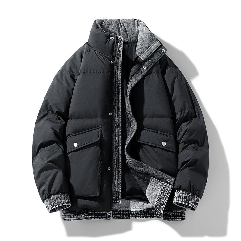 Harrison relaxed fit puffer jacket with quilted denim trim, casual winter outerwear for men