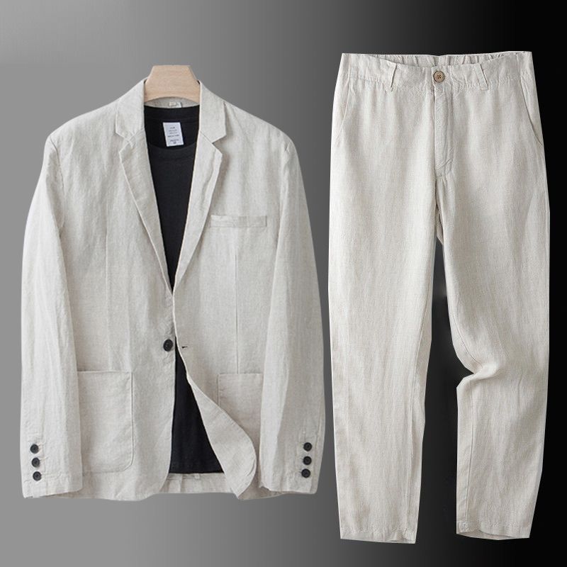 Men light beige linen suit set relaxed fit jacket notch lapels patch pockets elastic waist trousers