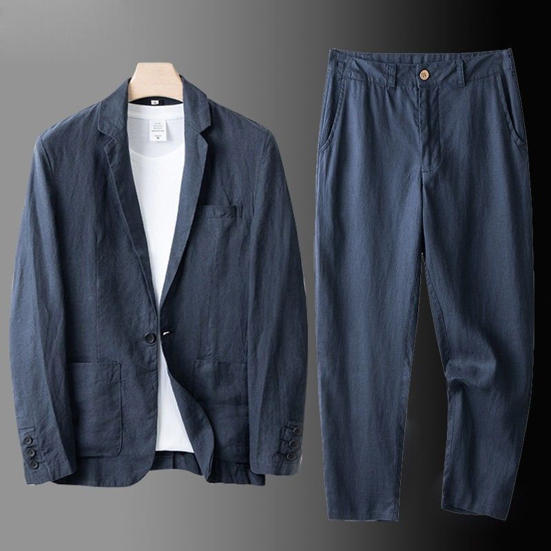 Sandro men linen suit set relaxed fit jacket notch lapels patch pockets elastic waist trousers