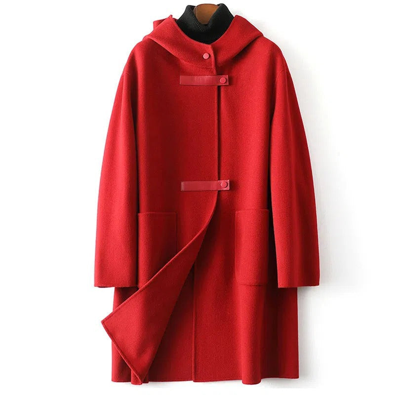 Women's wool-blend hooded coat relaxed fit knee-length toggle closure everyday winter outerwear