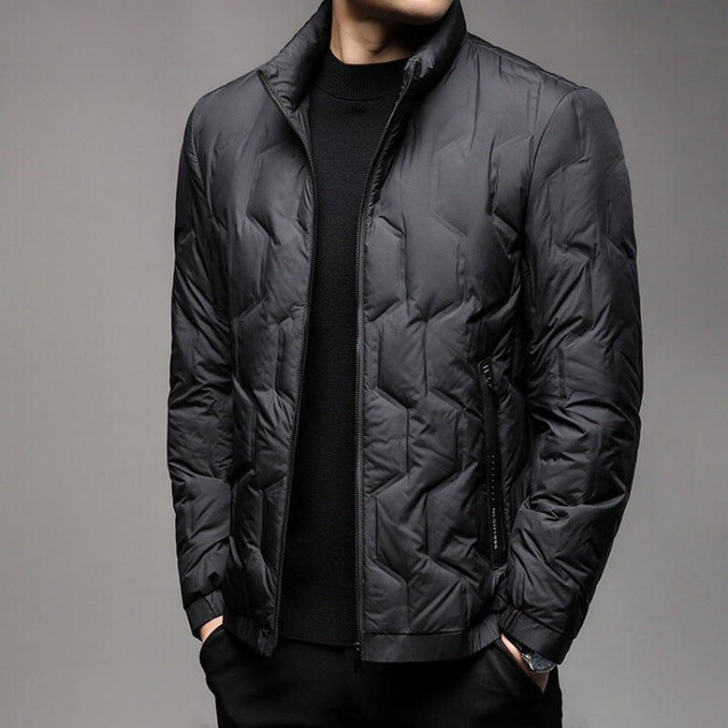 Men's navy blue geometric quilted puffer jacket regular fit hip-length zip front pockets