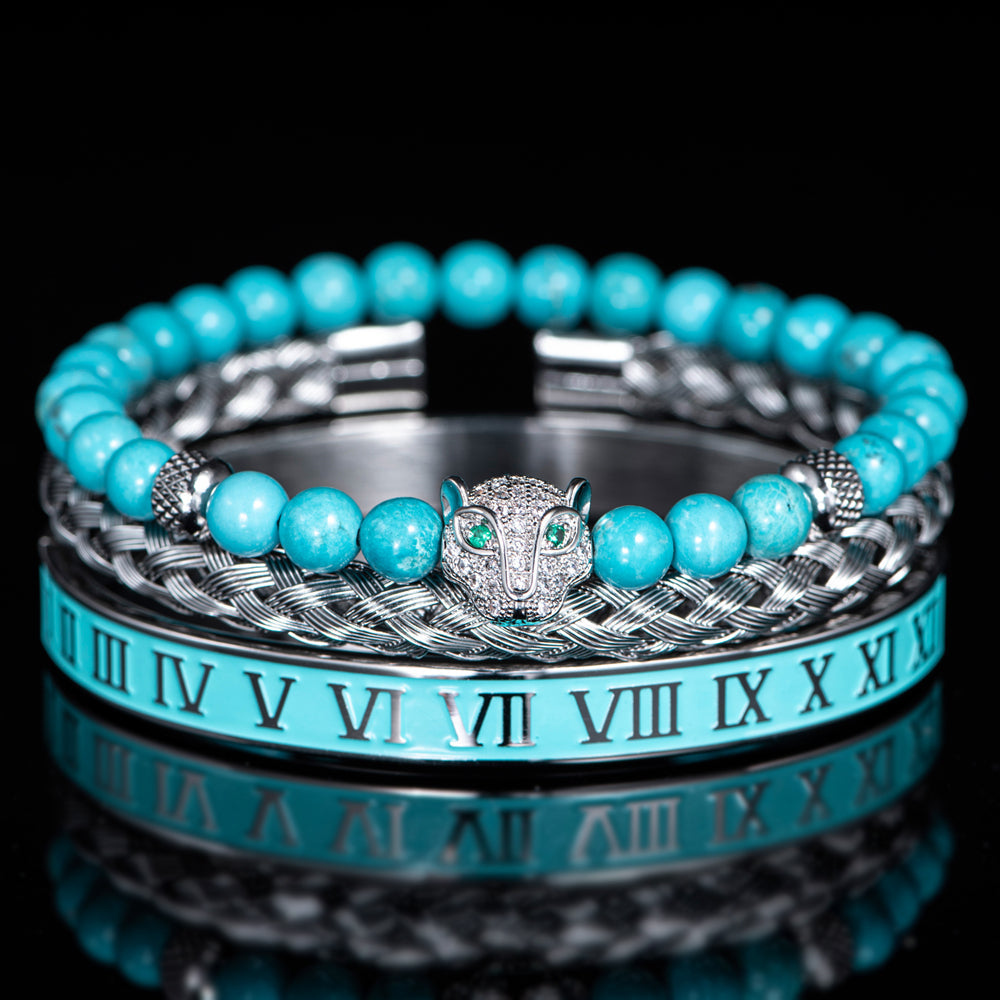 Women's crystal beaded panther charm bracelet set with braided cuff duo, bold layered wrist stack