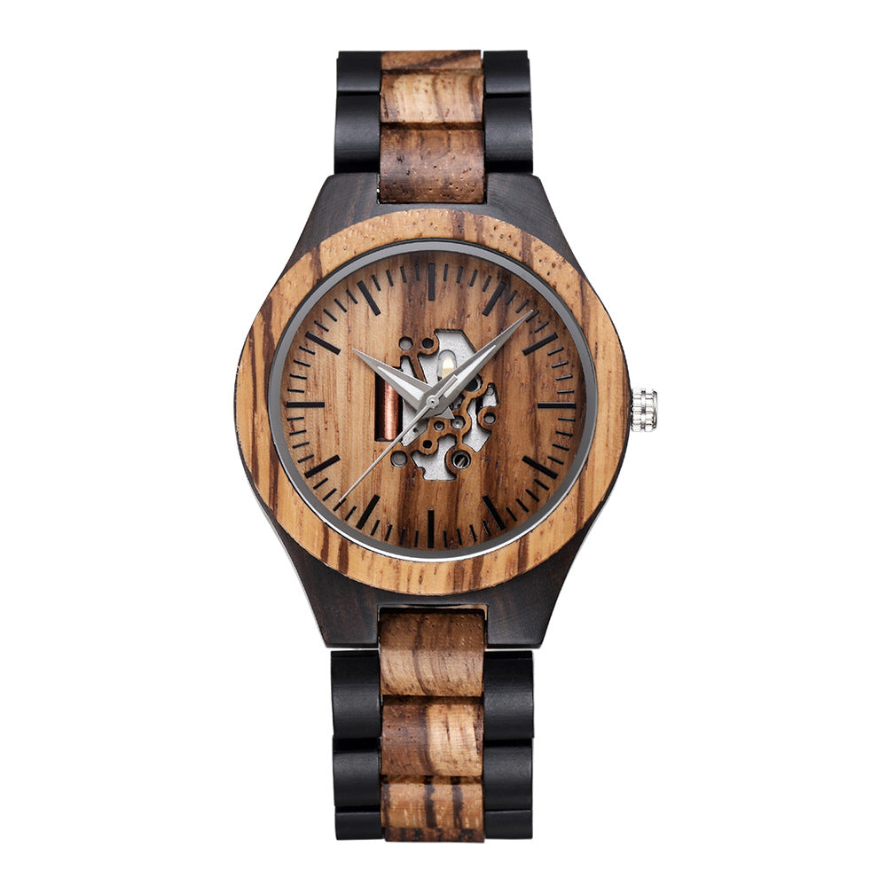 Men's skeleton dial wood watch with wood link bracelet, warm natural tones, smart-casual everyday style