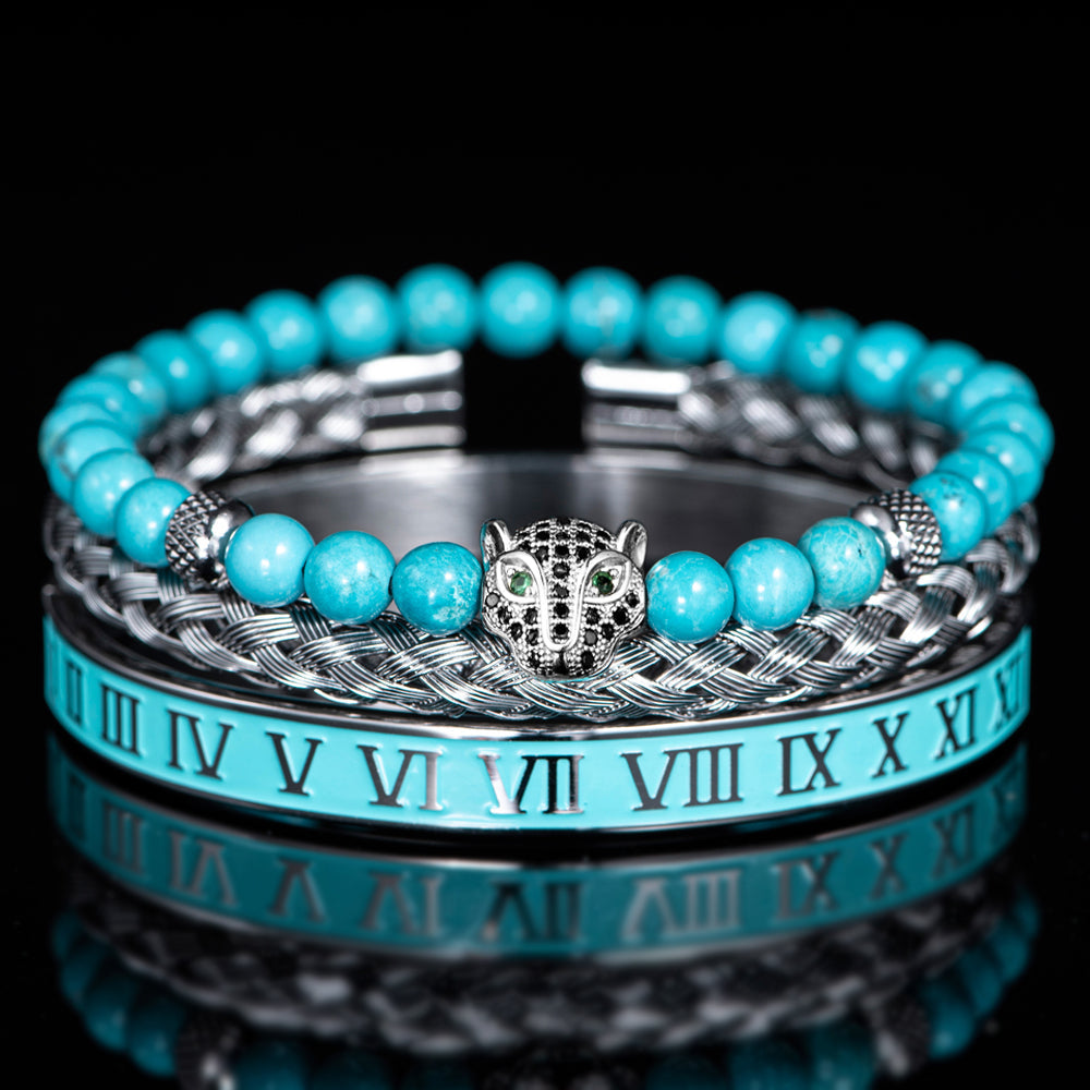 Women's crystal beaded panther charm bracelet set with braided cuff duo, bold layered wrist stack
