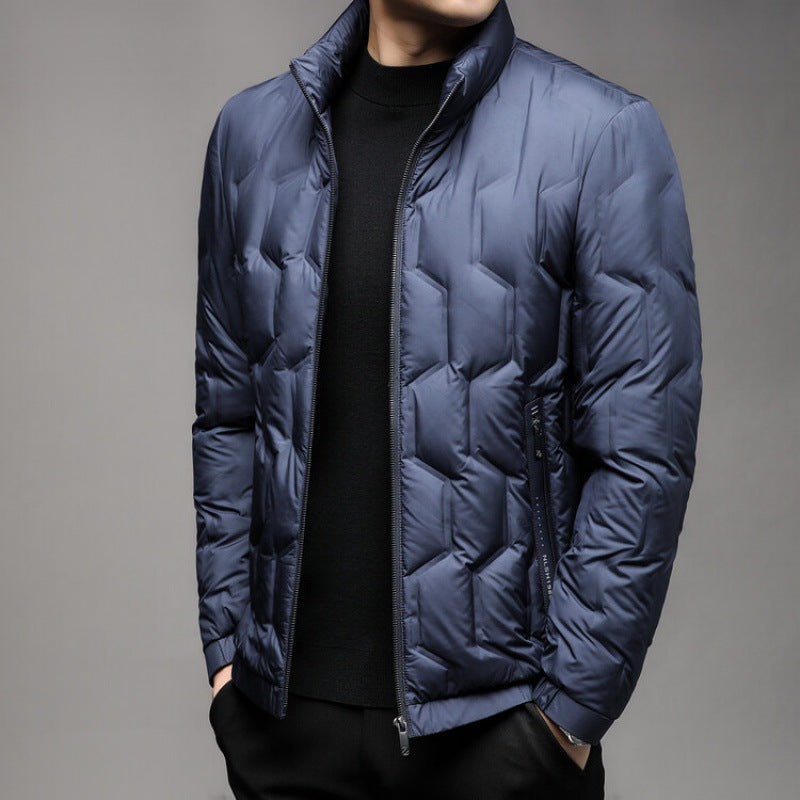 Men's geometric quilted puffer jacket regular fit hip-length with zip front pockets, casual winter style