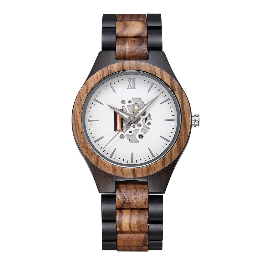 Men's skeleton dial wood watch with natural wood link bracelet, warm tones, smart-casual everyday style