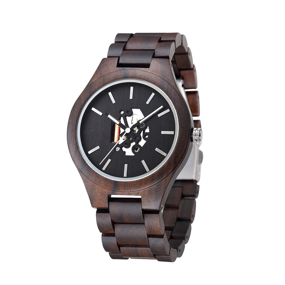 Men's skeleton dial wood watch with wood link bracelet, warm natural tones, smart-casual everyday style