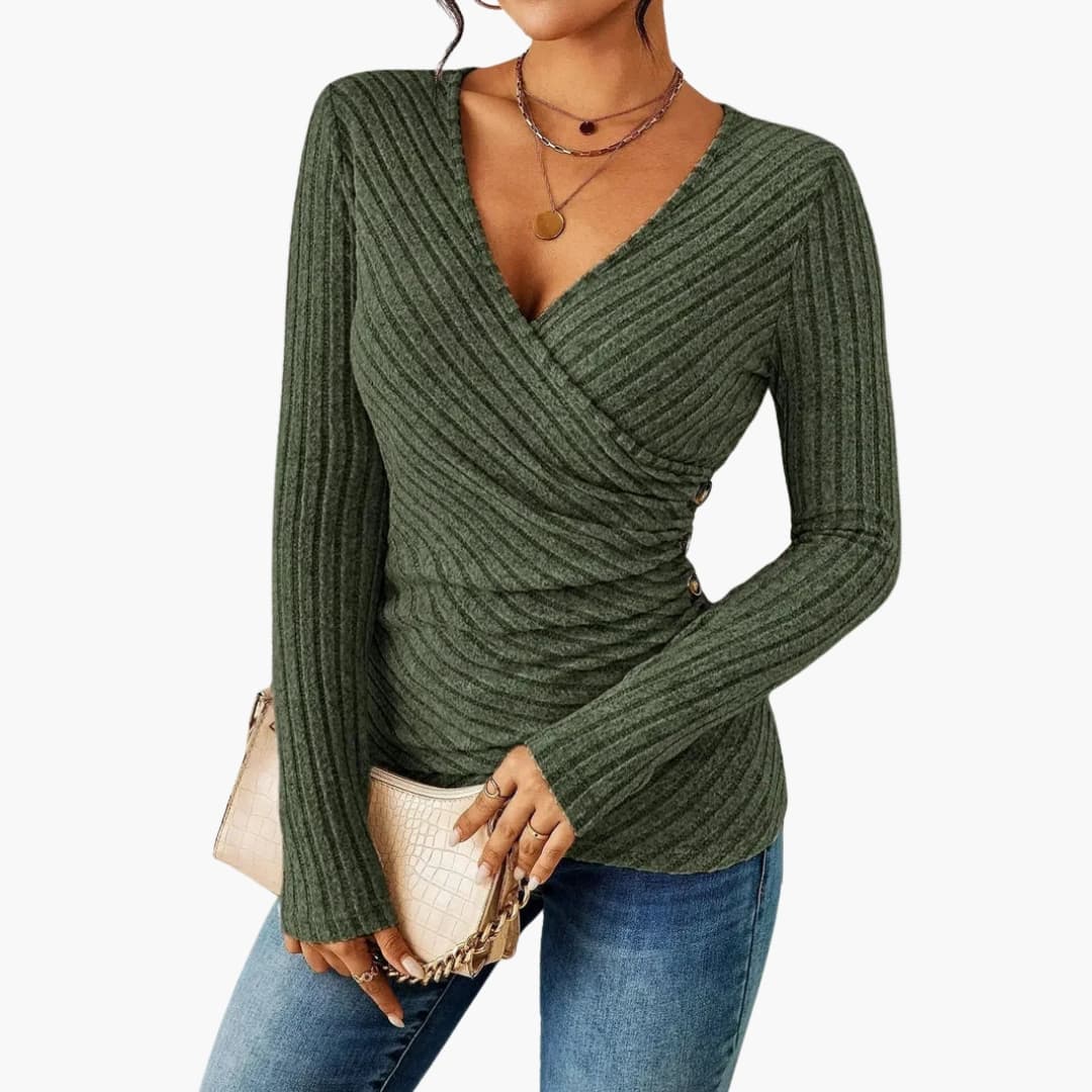Women's ribbed knit wrap top deep V-neck crossover silhouette with side button detail
