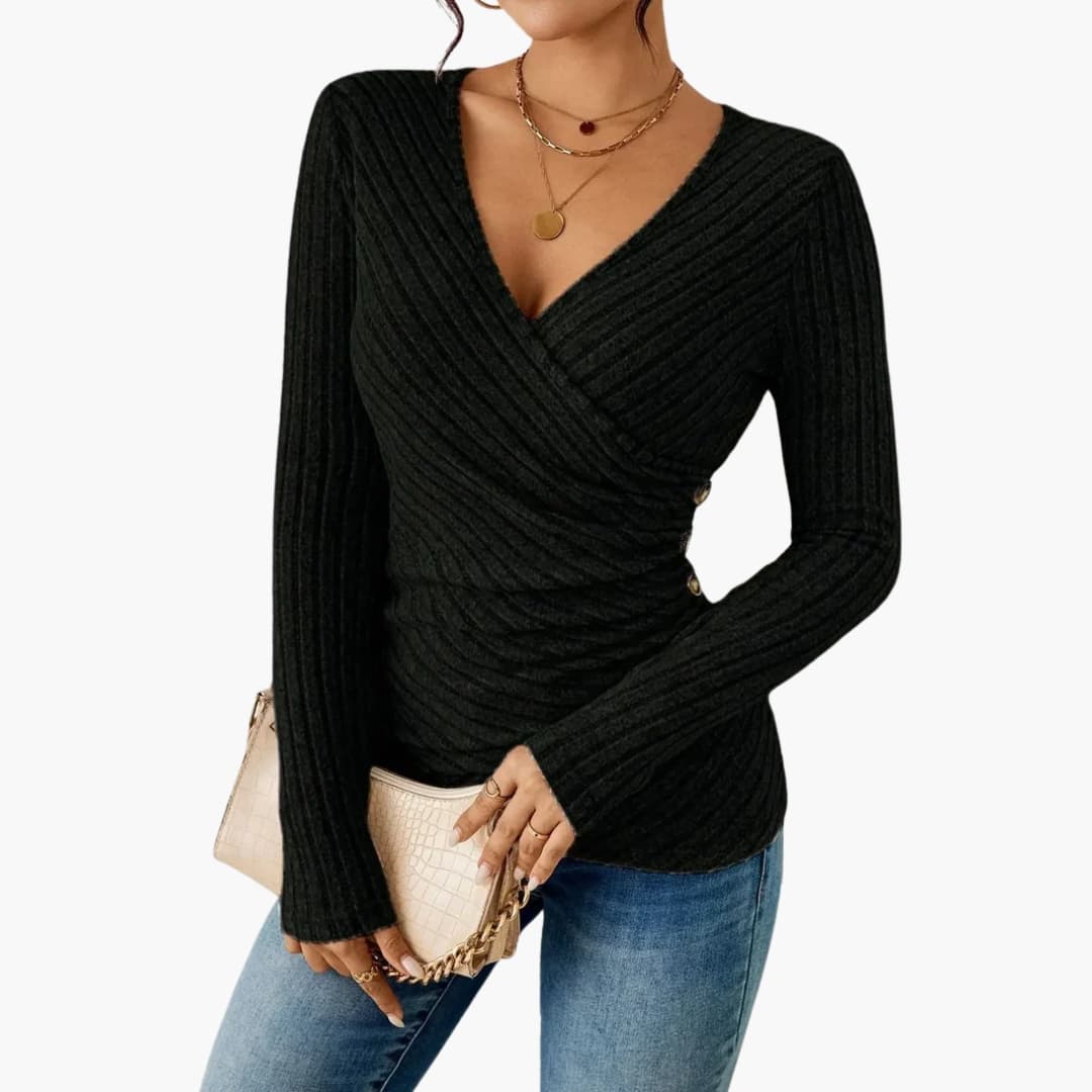 Women's ribbed knit wrap top deep V-neck crossover silhouette side button detail everyday chic