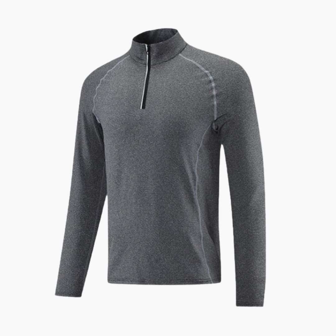 Men's gray half-zip training top with stand-up collar and stretch fabric for active mobility