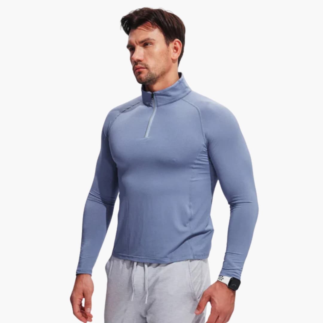 Men's half-zip training top stand-up collar long sleeve stretch athletic pullover navy blue
