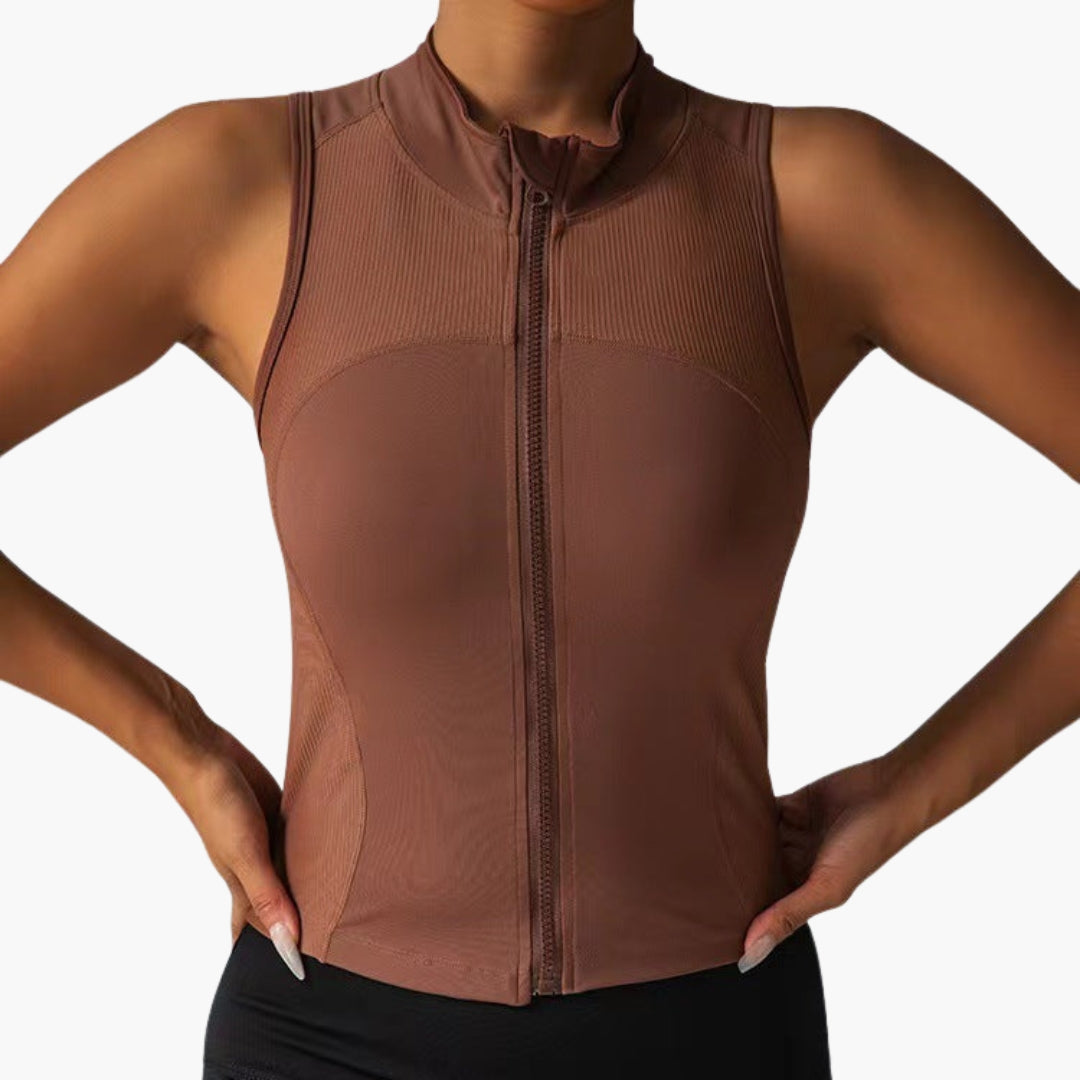 Women's fitted sleeveless sports top, zip front high collar, ribbed chest detail, gym shirt