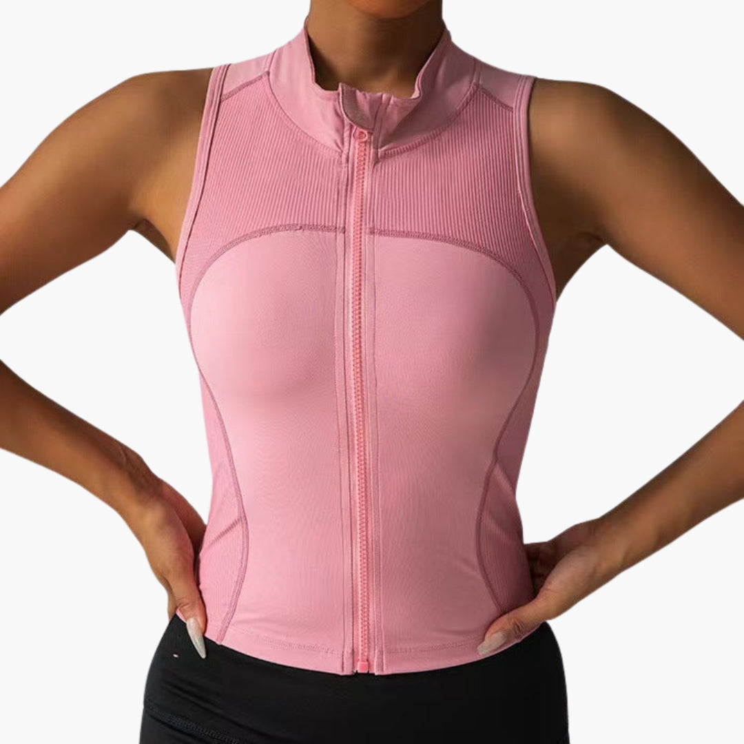 Women's fitted sleeveless sports top black zip-front high collar ribbed chest gym shirt