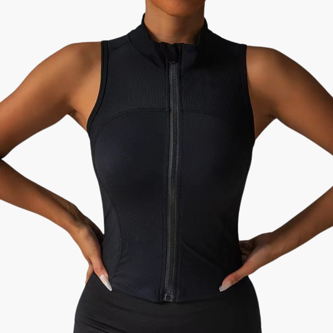 Women's fitted sleeveless sports top black high collar zip front ribbed chest gym shirt