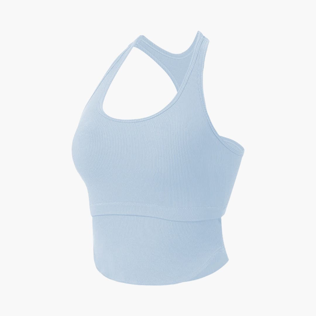 Women's sleeveless fitted sports top, round neckline, streamlined athleisure cut for running and training