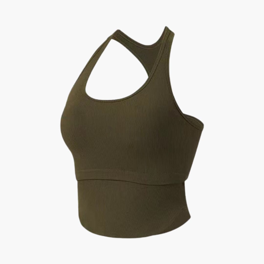 Women's sleeveless fitted sports top, round neckline, streamlined athleisure cut for running and training