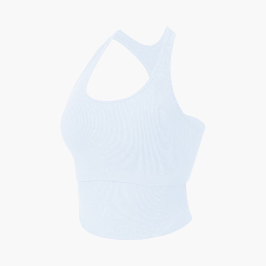 Women's sleeveless fitted sports top, round neckline, streamlined athleisure cut for running and training