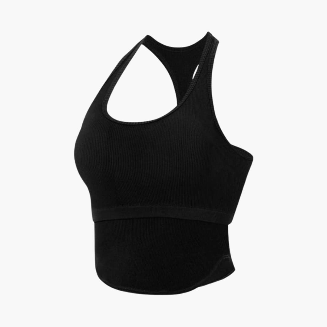 Women's sleeveless fitted sports top, round neckline, streamlined athleisure cut for running and training