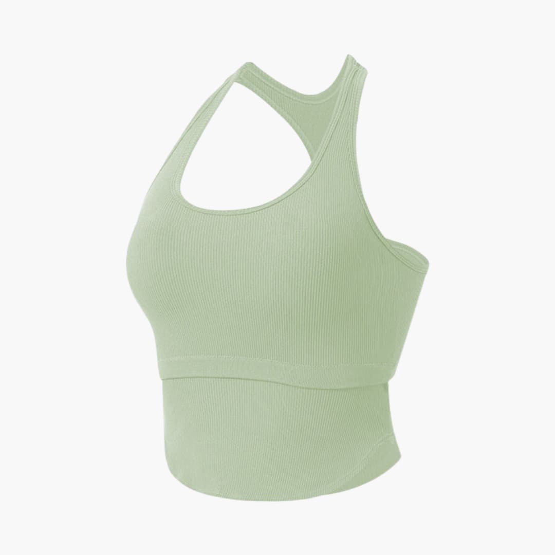 Women's sleeveless fitted sports top, round neckline, streamlined athleisure cut for running and training