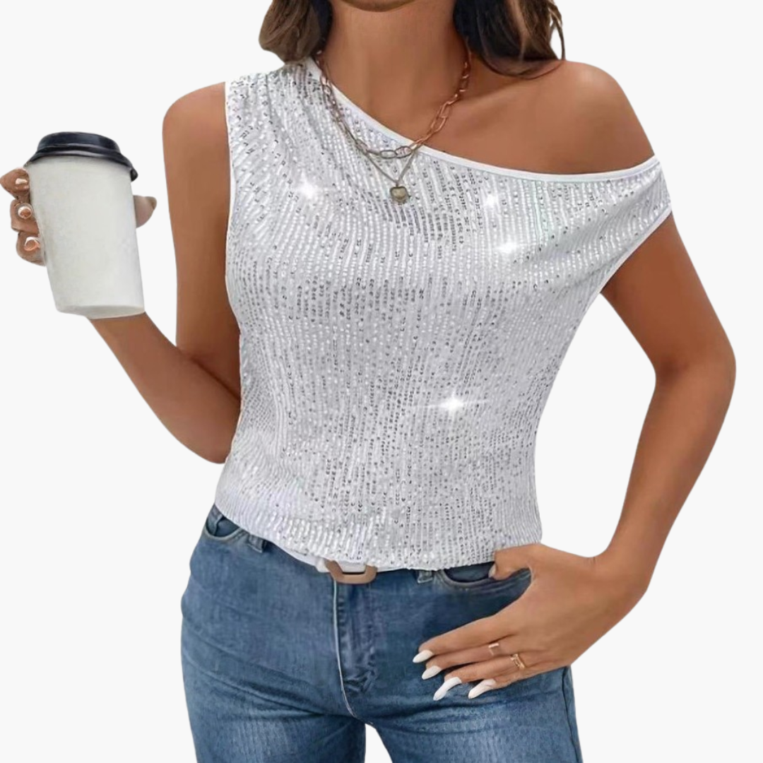 Women's silver one-shoulder sequin crop top, fitted silhouette with textured surface, party-ready style