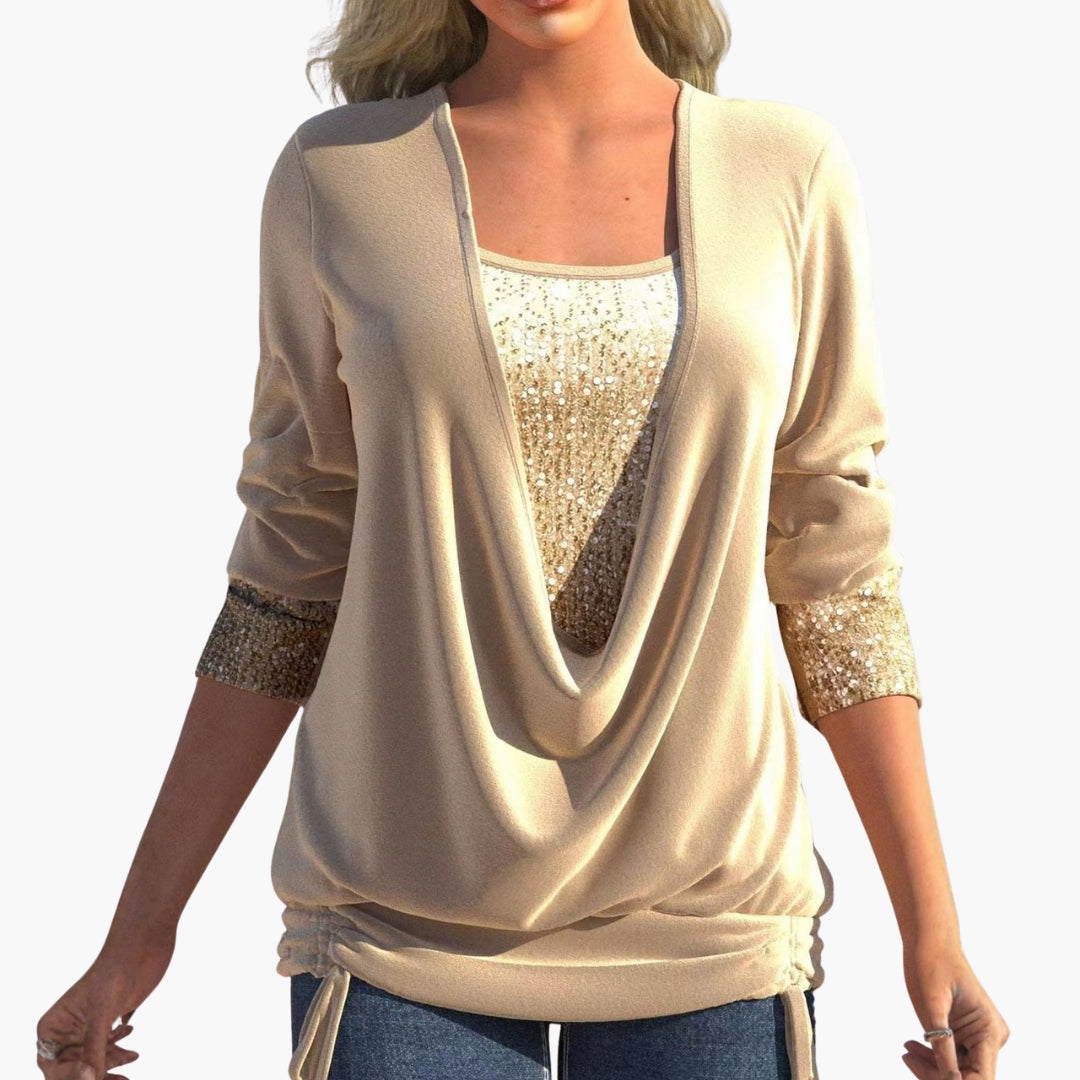 Women's elegant draped front sequin top with collar, cuffed panels, and side tie hem