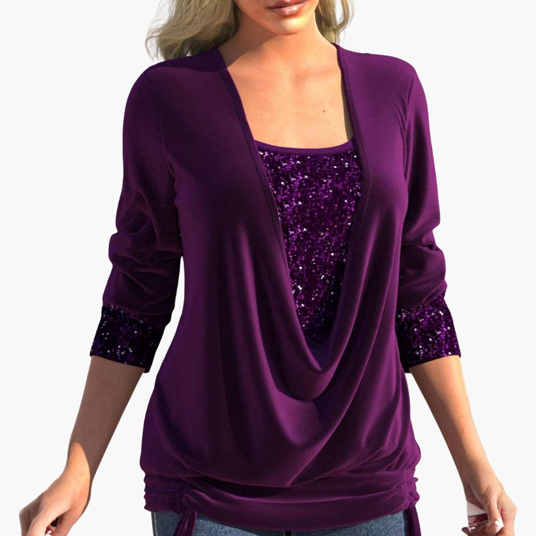 Women's elegant draped top with sequin collar yoke, cuffed panels, and side tie hem in evening style